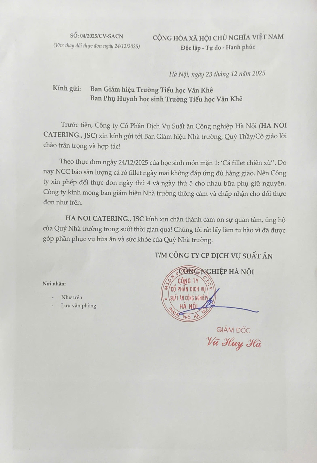 thay đổi thực đơn